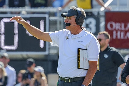 Nov 19, 2022; Orlando, Florida, USA; UCF Knights head coach Gus Malzahn looks on during the second half against the Navy Midshipmen at FBC Mortgage Stadium. Mandatory Credit: Mike Watters-USA TODAY Sports