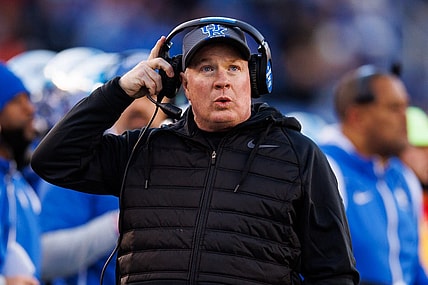 Nov 19, 2022; Lexington, Kentucky, USA; Kentucky Wildcats head coach Mark Stoops looks on during the first quarter against the Georgia Bulldogs at Kroger Field. Mandatory Credit: Jordan Prather-USA TODAY Sports