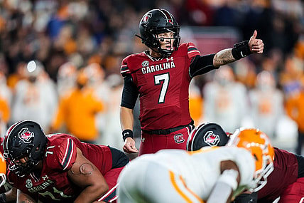 Nov 19, 2022; Columbia, South Carolina, USA; South Carolina Gamecocks quarterback Spencer Rattler (7) directs his offense against the Tennessee Volunteers in the second half at Williams-Brice Stadium. Mandatory Credit: Jeff Blake-USA TODAY Sports