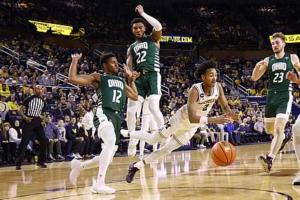 Nov 20, 2022; Ann Arbor, Michigan, USA;  Michigan Wolverines guard Kobe Bufkin (2) is fouled by Ohio Bobcats guard Jaylin Hunter (12) in the first half at Crisler Center. Mandatory Credit: Rick Osentoski-USA TODAY Sports