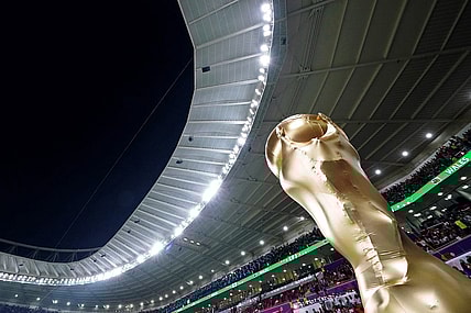 Nov 21, 2022; Al Rayyan, Qatar; A general view of a large replica World Cup trophy before a group stage match between Wales and the United States of America during the 2022 FIFA World Cup Wales at Ahmed Bin Ali Stadium. Mandatory Credit: Danielle Parhizkaran-USA TODAY Sports