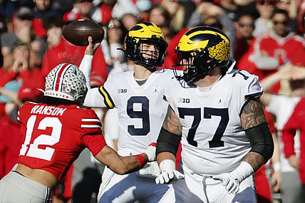 Nov 26, 2022; Columbus, Ohio, USA; Michigan Wolverines quarterback J.J. McCarthy (9) passes in the first half against the Ohio State Buckeyes at Ohio Stadium. Mandatory Credit: Rick Osentoski-USA TODAY Sports