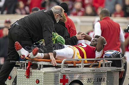 Nov 26, 2022; Bloomington, Indiana, USA;  Indiana Hoosiers quarterback Dexter Williams II (5) is carted off of the field with an injury during the first quarter against the Purdue Boilermakers at Memorial Stadium. Mandatory Credit: Marc Lebryk-USA TODAY Sports