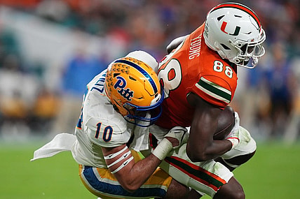 Nov 26, 2022; Miami Gardens, Florida, USA; Pittsburgh Panthers linebacker Tylar Wiltz (10) tackles Miami Hurricanes wide receiver Colbie Young (88) during the first half at Hard Rock Stadium. Mandatory Credit: Jasen Vinlove-USA TODAY Sports