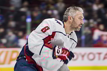 Nov 29, 2022; Vancouver, British Columbia, CAN; Washington Capitals forward Alex Ovechkin (8) skates during warm up prior to a game against the Vancouver Canucks at Rogers Arena. Mandatory Credit: Bob Frid-USA TODAY Sports