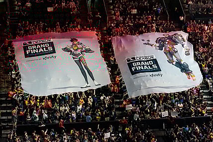 Sep 29, 2019; Philadelphia, PA, USA; Fans raise a tifo during the Overwatch League Grand Finals e-sports event at Wells Fargo Center. Mandatory Credit: Bill Streicher-USA TODAY Sports
