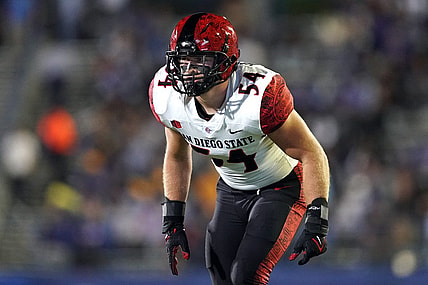 Oct 15, 2021; San Jose, California, USA; San Diego State Aztecs linebacker Caden McDonald (54) lines up during the third quarter against the San Jose State Spartans at CEFCU Stadium. Mandatory Credit: Darren Yamashita-USA TODAY Sports