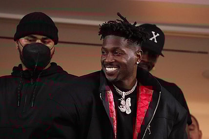 Feb 13, 2022; Inglewood, California, USA; NFL free agent Antonio Brown smiles in the third quarter in Super Bowl LVI at SoFi Stadium. Mandatory Credit: Kirby Lee-USA TODAY Sports