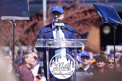 Apr 15, 2022; New York City, New York, USA; New York Mets owner Steve Cohen speaks during the Tom Seaver Statue unveiling ceremony prior to the game against the Arizona Diamondbacks at Citi Field. Mandatory Credit: Gregory Fisher-USA TODAY Sports