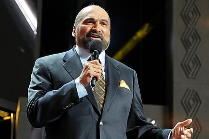 Apr 28, 2022; Las Vegas, NV, USA; Hall of Famer Franco Harris speaks during the first round of the 2022 NFL Draft at the NFL Draft Theater. Mandatory Credit: Kirby Lee-USA TODAY Sports
