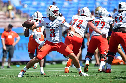 Sep 3, 2022; Pasadena, California, USA; Bowling Green Falcons quarterback Matt McDonald (3) throws against the UCLA Bruins during the second half at Rose Bowl. Mandatory Credit: Gary A. Vasquez-USA TODAY Sports