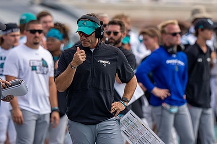 Sep 17, 2022; Conway, South Carolina, USA; Coastal Carolina Chanticleers head coach Jamey Chadwell gives a thumbs up during a game against the Buffalo Bulls at Brooks Stadium. Mandatory Credit: David Yeazell-USA TODAY Sports