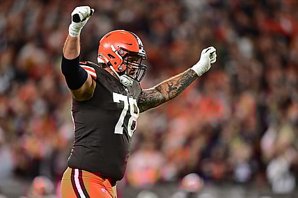 Sep 22, 2022; Cleveland, Ohio, USA; Cleveland Browns offensive tackle Jack Conklin (78) celebrates after a touchdown by wide receiver Amari Cooper (not pictured) during the first quarter against the Pittsburgh Steelersat FirstEnergy Stadium. Mandatory Credit: David Dermer-USA TODAY Sports