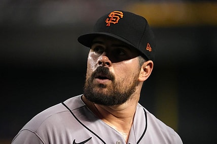 Sep 23, 2022; Phoenix, Arizona, USA; San Francisco Giants starting pitcher Carlos Rodon (16) leaves the game against the Arizona Diamondbacks during the fifth inning at Chase Field. Mandatory Credit: Joe Camporeale-USA TODAY Sports