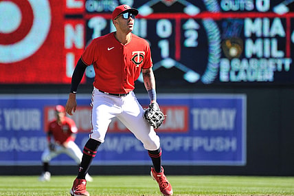 Sep 29, 2022; Minneapolis, Minnesota, USA; Minnesota Twins shortstop Carlos Correa (4) in action against the Chicago White Sox at Target Field. Mandatory Credit: Jeffrey Becker-USA TODAY Sports
