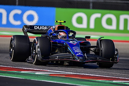 Oct 21, 2022; Austin, Texas, USA; Williams Racing driver Logan Sargeant (45) of Team USA drives during practice for the U.S. Grand Prix at the Circuit of the Americas. Mandatory Credit: Jerome Miron-USA TODAY Sports