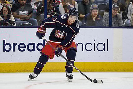 Oct 22, 2022; Columbus, Ohio, USA;  Columbus Blue Jackets left wing Johnny Gaudreau (13) skates with the puck against the Pittsburgh Penguins in the third period at Nationwide Arena. Mandatory Credit: Aaron Doster-USA TODAY Sports