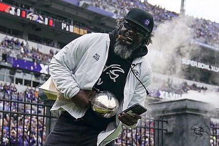 Oct 23, 2022; Baltimore, Maryland, USA;  Ed Reed is introduced during a pregame ceremony featuring the 2012 Super Bowl team as part of the 10-year anniversary celebration at M&T Bank Stadium. Mandatory Credit: Jessica Rapfogel-USA TODAY Sports