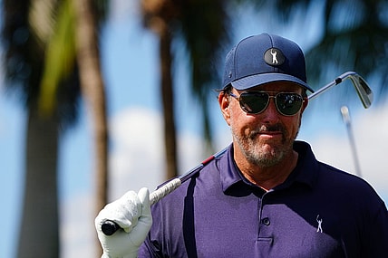 Oct 28, 2022; Miami, Florida, USA; Phil Mickelson warms up on the ninth tee box during the first round of the season finale of the LIV Golf series at Trump National Doral. Mandatory Credit: John David Mercer-USA TODAY Sports
