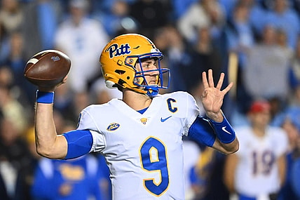 Oct 29, 2022; Chapel Hill, North Carolina, USA; Pittsburgh Panthers quarterback Kedon Slovis (9) looks to pass in the fourth quarter at Kenan Memorial Stadium. Mandatory Credit: Bob Donnan-USA TODAY Sports