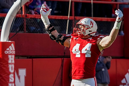 Nov 5, 2022; Lincoln, Nebraska, USA; Nebraska Cornhuskers defensive end Garrett Nelson (44) celebrates after a stop against the Minnesota Golden Gophers during the first quarter at Memorial Stadium. Mandatory Credit: Dylan Widger-USA TODAY Sports