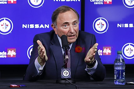 Nov 8, 2022; Winnipeg, Manitoba, CAN; NHL Commisioner Gary Bettman addresses the media before a game against the Winnipeg Jets and Dallas Stars at Canada Life Centre. Mandatory Credit: James Carey Lauder-USA TODAY Sports