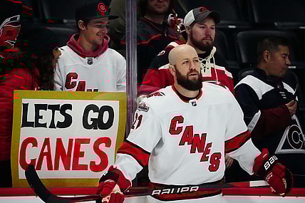 Nov 12, 2022; Denver, Colorado, USA;  Carolina Hurricanes center Derek Stepan (21) before the game against the Colorado Avalanche at Ball Arena. Mandatory Credit: Ron Chenoy-USA TODAY Sports