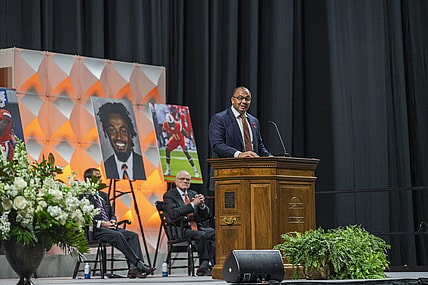 Nov 19, 2022; Charlottesville, Virginia, USA; University of Virginia football coach Tony Elliott speaks during a memorial service for three slain University of Virginia football players Lavel Davis Jr., D Sean Perry and Devin Chandler at John Paul Jones Arena. Mandatory Credit: Erin Edgerton/Pool Photo-USA TODAY Sports