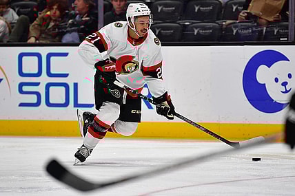 Nov 25, 2022; Anaheim, California, USA; Ottawa Senators right wing Mathieu Joseph (21) moves the puck against the Anaheim Ducks during the third period at Honda Center. Mandatory Credit: Gary A. Vasquez-USA TODAY Sports