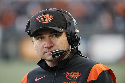 Nov 26, 2022; Corvallis, Oregon, USA; Oregon State Beavers head coach Jonathan Smith watches his team from the sidelines during the second half against the Oregon Ducks at Reser Stadium. Mandatory Credit: Soobum Im-USA TODAY Sports