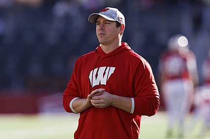 Nov 26, 2022; Madison, Wisconsin, USA;  Wisconsin Badgers head coach Jim Leonhard prior to the game against the Minnesota Golden Gophers at Camp Randall Stadium. Mandatory Credit: Jeff Hanisch-USA TODAY Sports