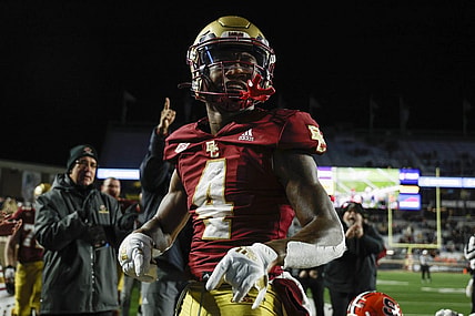 Nov 26, 2022; Chestnut Hill, Massachusetts, USA; Boston College Eagles wide receiver Zay Flowers (4) against the Syracuse Orange during the second quarter at Alumni Stadium. Mandatory Credit: Winslow Townson-USA TODAY Sports