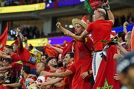 Dec 1, 2022; Doha, Qatar; Morocco fans celebrate after winning a group stage match against Canada to finish in first place in their group during the 2022 World Cup at Al Thumama Stadium. Mandatory Credit: Danielle Parhizkaran-USA TODAY Sports