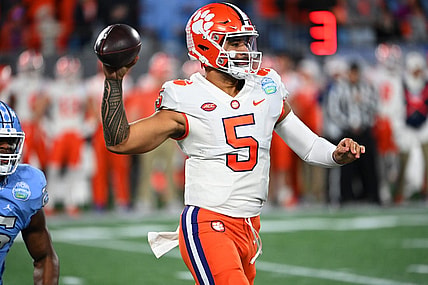 Dec 3, 2022; Charlotte, North Carolina, USA; Clemson Tigers quarterback DJ Uiagalelei (5)throws during the first quarter of the ACC Championship game against the North Carolina Tar Heels at Bank of America Stadium. Mandatory Credit: Bob Donnan-USA TODAY Sports