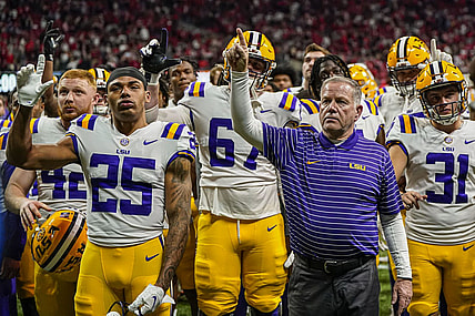 Dec 3, 2022; Atlanta, GA, USA; LSU Tigers head coach Brian Kelly reacts towards the fans after being defeated by the Georgia Bulldogs in the SEC Championship game at Mercedes-Benz Stadium. Mandatory Credit: Dale Zanine-USA TODAY Sports
