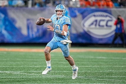 Dec 3, 2022; Charlotte, North Carolina, USA; North Carolina Tar Heels quarterback Drake Maye (10) during the third quarter against the Clemson Tigers at Bank of America Stadium. Mandatory Credit: Jim Dedmon-USA TODAY Sports