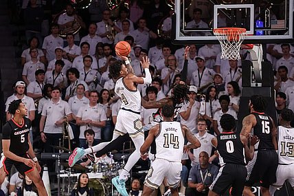 Dec 6, 2022; Atlanta, Georgia, USA; Georgia Tech Yellow Jackets forward Javon Franklin (4) shoots against the Georgia Bulldogs in the first half at McCamish Pavilion. Mandatory Credit: Brett Davis-USA TODAY Sports