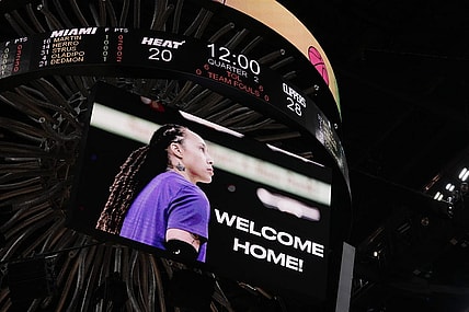 Dec 8, 2022; Miami, Florida, USA; A welcome home graphic is displayed on the arena video board welcoming home WBNA star Brittney Griner, Griner was released from a Russian prison earlier in the day during prior to to the game between the Miami Heat and the LA Clippers at FTX Arena. Mandatory Credit: Jasen Vinlove-USA TODAY Sports