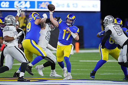 Dec 8, 2022; Inglewood, California, USA; Los Angeles Rams quarterback Baker Mayfield throws the ball in the first half against the Las Vegas Raiders at SoFi Stadium. Mandatory Credit: Kirby Lee-USA TODAY Sports