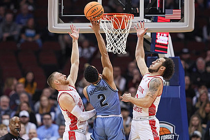 Dec 10, 2022; Newark, New Jersey, USA; Villanova Wildcats guard Mark Armstrong (2) drives to the basket as Boston College Eagles guard Mason Madsen (45) and guard Jaeden Zackery (3) defend during the first half at Prudential Center. Mandatory Credit: Vincent Carchietta-USA TODAY Sports