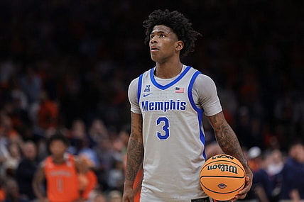 Dec 10, 2022; Atlanta, Georgia, USA; Memphis Tigers guard Kendric Davis (3) holds the ball against the Auburn Tigers in the second half at State Farm Arena. Mandatory Credit: Brett Davis-USA TODAY Sports