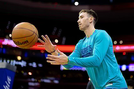 Dec 11, 2022; Philadelphia, Pennsylvania, USA; Charlotte Hornets forward Gordon Hayward warms up before action against the Philadelphia 76ers at Wells Fargo Center. Mandatory Credit: Bill Streicher-USA TODAY Sports
