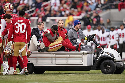 Dec 11, 2022; Santa Clara, California, USA; San Francisco 49ers wide receiver Deebo Samuel (19) is taken off the field after suffering an injury against the Tampa Bay Buccaneers in the second quarter at Levi's Stadium. Mandatory Credit: Cary Edmondson-USA TODAY Sports