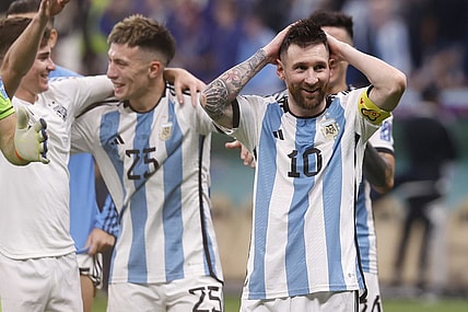 Dec 13, 2022; Lusail, Qatar; Argentina forward Lionel Messi (10) celebrates after the semifinal match against Croatia during the 2022 World Cup at Lusail Stadium. Mandatory Credit: Yukihito Taguchi-USA TODAY Sports
