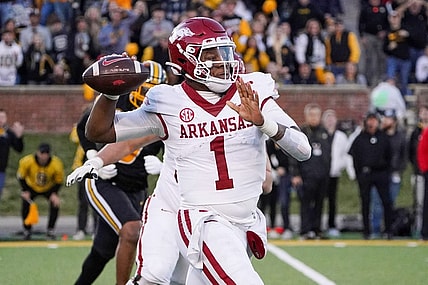 Nov 25, 2022; Columbia, Missouri, USA; Arkansas Razorbacks quarterback KJ Jefferson (1) throws a pass against the Missouri Tigers during the game at Faurot Field at Memorial Stadium. Mandatory Credit: Denny Medley-USA TODAY Sports