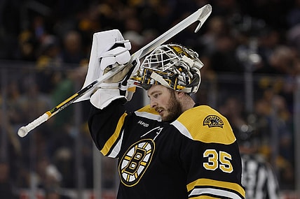 Dec 13, 2022; Boston, Massachusetts, USA; Boston Bruins goaltender Linus Ullmark (35) during the second period against the New York Islanders at TD Garden. Mandatory Credit: Winslow Townson-USA TODAY Sports
