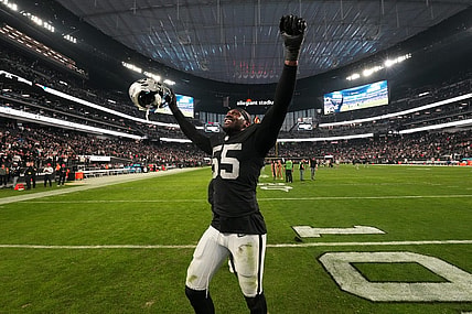 Dec 18, 2022; Paradise, Nevada, USA; Las Vegas Raiders defensive end Chandler Jones (55) celebrates after the game against the New England Patriots at Allegiant Stadium. The Raiders defeated the Patriots 30-24. Mandatory Credit: Kirby Lee-USA TODAY Sports