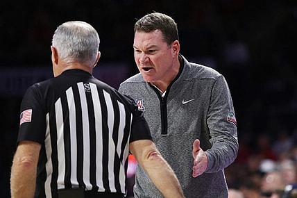 Dec 20, 2022; Tucson, Arizona, USA; Arizona Wildcats Head Coach Tommy Lloyd argues with the ref in the first half at McKale Center. Mandatory Credit: Zachary BonDurant-USA TODAY Sports