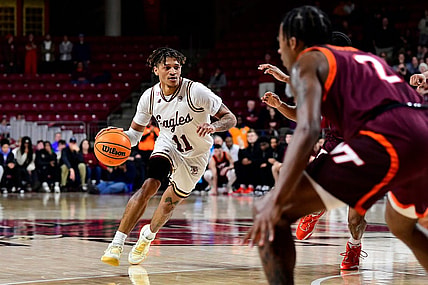 Dec 21, 2022; Chestnut Hill, Massachusetts, USA; Boston College Eagles guard Makai Ashton-Langford (11) drives to the net during overtime against the Virginia Tech Hokies at Conte Forum. Mandatory Credit: Eric Canha-USA TODAY Sports