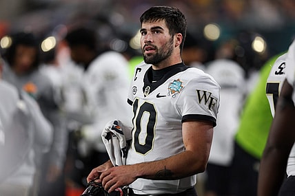 Dec 23, 2022; Tampa, Florida, USA; Wake Forest Demon Deacons quarterback Sam Hartman (10) looks on from the sidelines against the Missouri Tigers in the first quarter in the 2022 Gasparilla Bowl at Raymond James Stadium. Mandatory Credit: Nathan Ray Seebeck-USA TODAY Sports